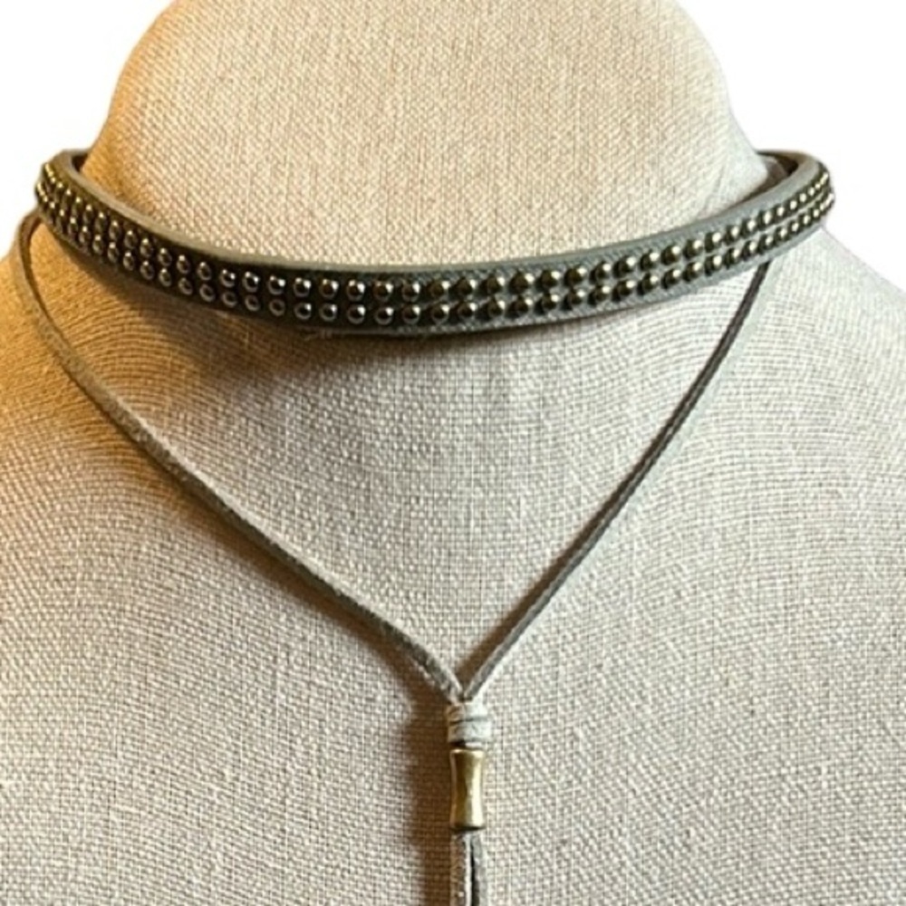 Gold Studded Taupe Leather Choker with Suede Drop Strand